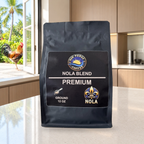 NOLA Blend original coffee bag on a sunlit coastal kitchen counter