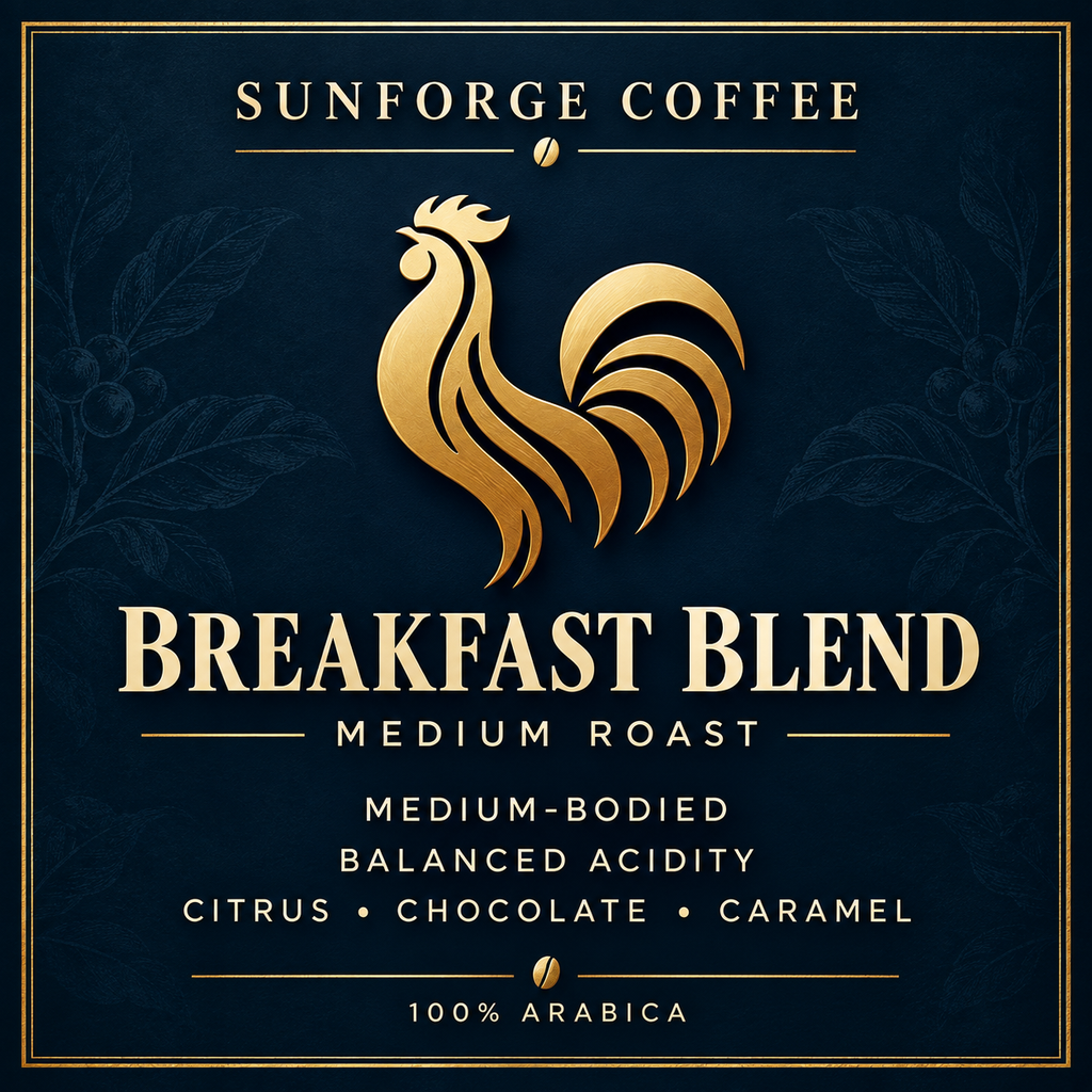 SunForge Coffee Breakfast Blend flavor profile: medium roast, citrus, chocolate, caramel.