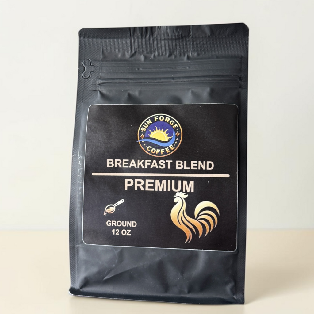 SunForge Coffee Breakfast Blend medium roast ground coffee, 12 oz, front bag.