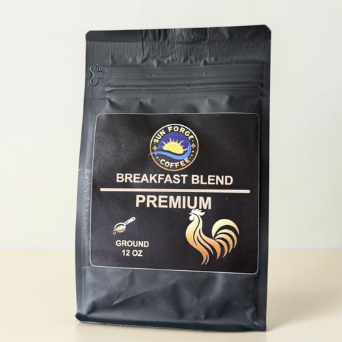 SunForge Coffee Breakfast Blend medium roast ground coffee, 12 oz, front bag.