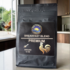 SunForge Coffee Breakfast Blend ground coffee in a refined kitchen setting.
