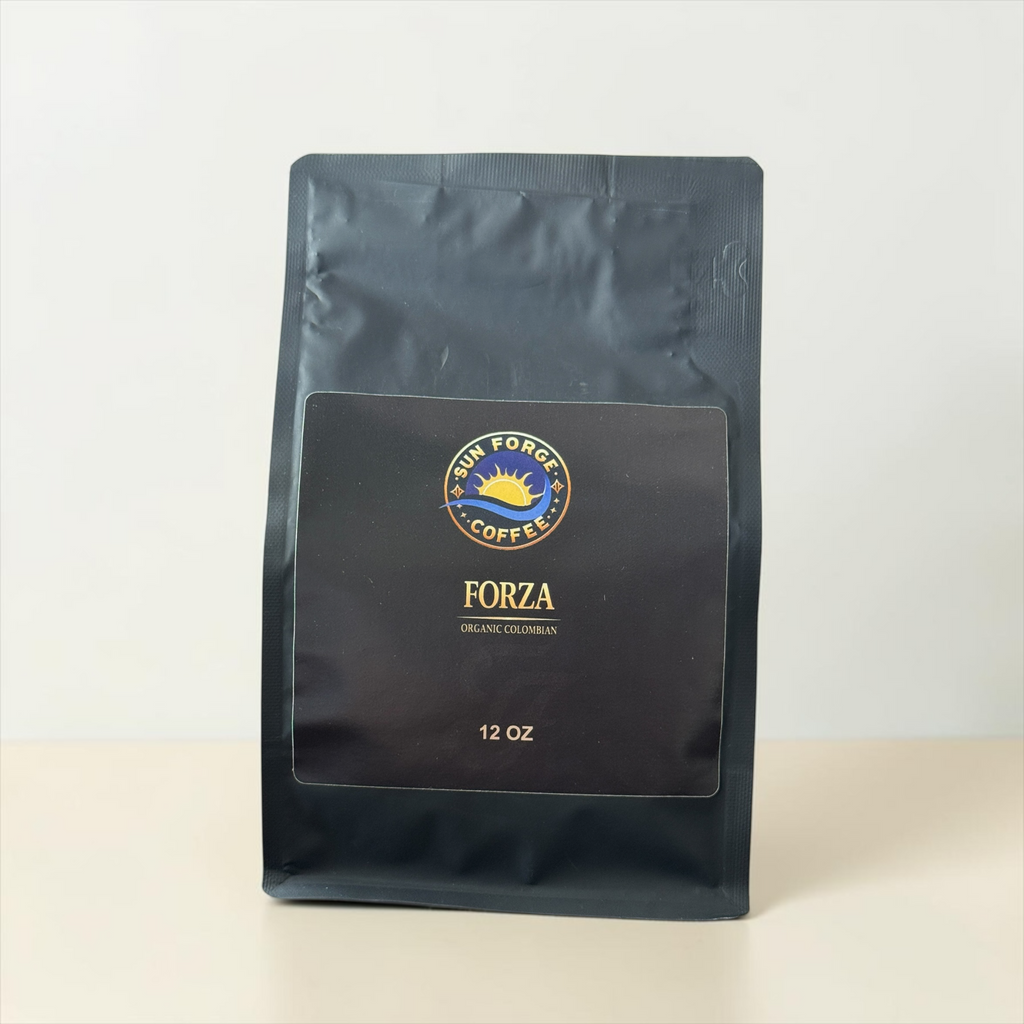 Forza Colombian at SunForge Coffee, organic medium roast ground coffee, 12 oz, front bag.