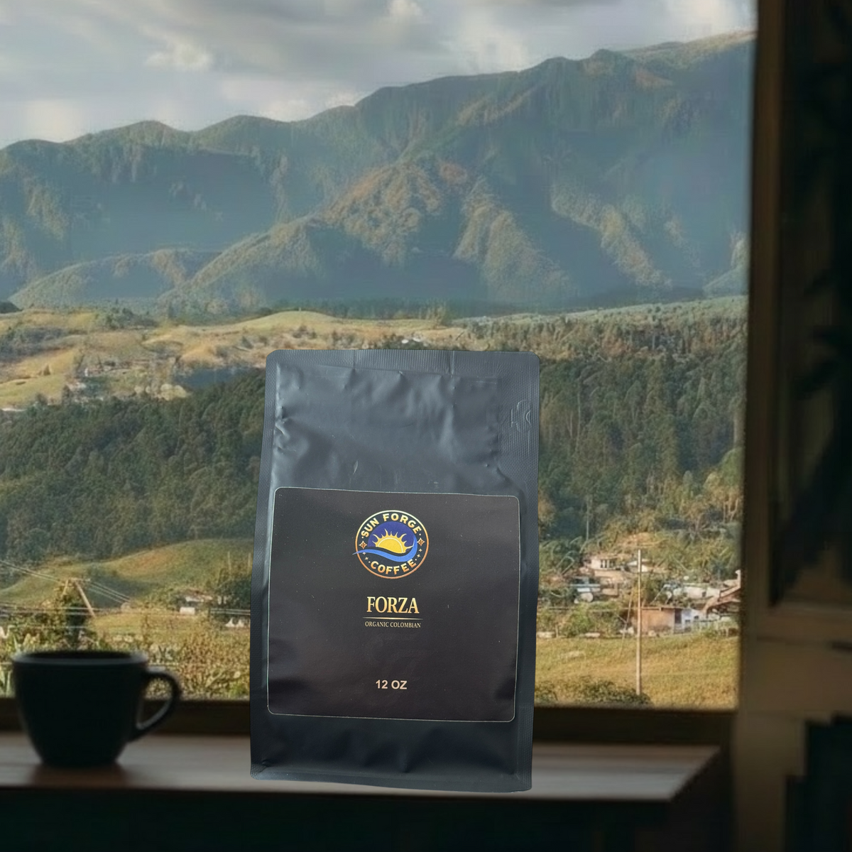 Forza Colombian at SunForge Coffee, organic ground coffee in a Colombian mountain setting.