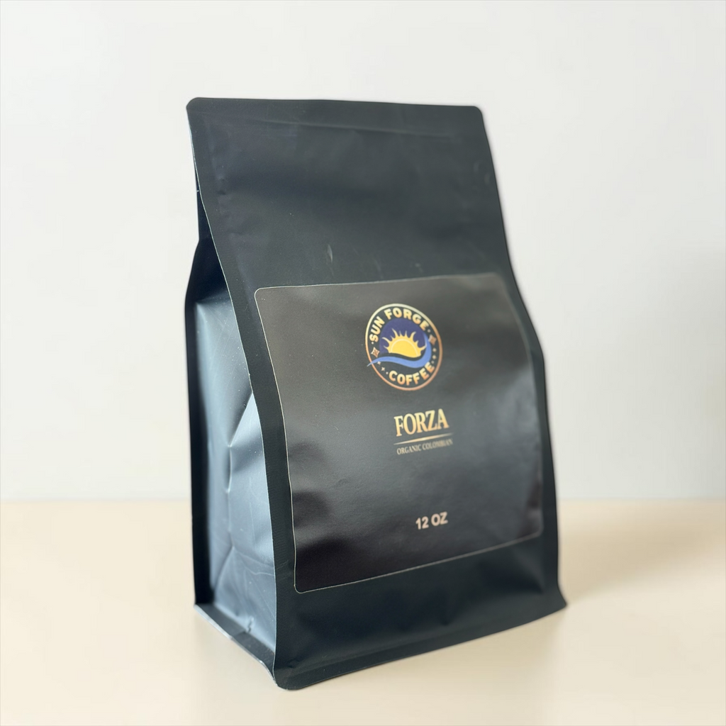 Forza Colombian at SunForge Coffee, organic ground coffee, 12 oz, side packaging view.