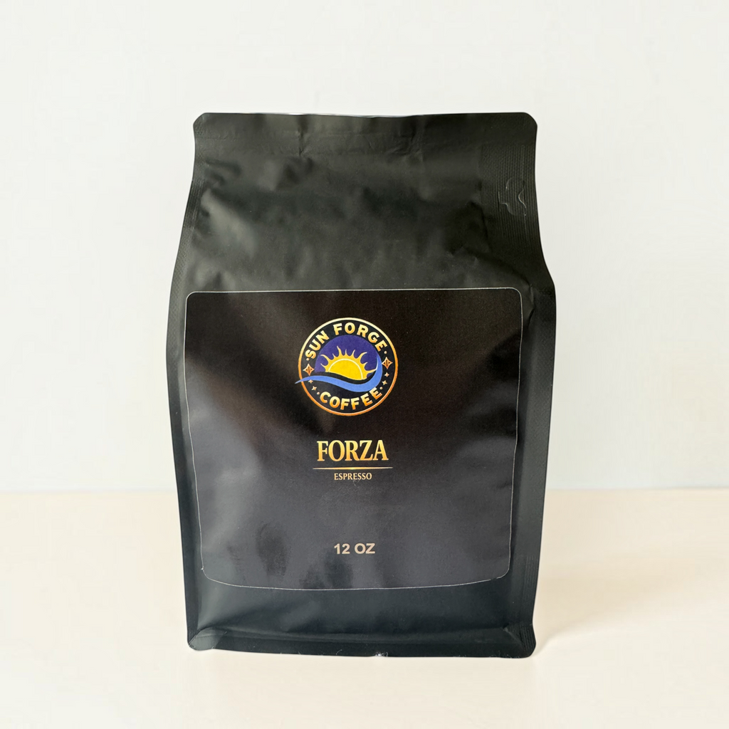 Forza Espresso at SunForge Coffee, Italian roast whole bean coffee, 12 oz, front bag.
