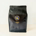 Forza Espresso at SunForge Coffee, Italian roast whole bean coffee, 12 oz, front bag.