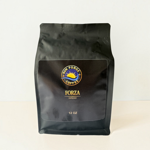 Forza Espresso at SunForge Coffee, Italian roast whole bean coffee, 12 oz, front bag.