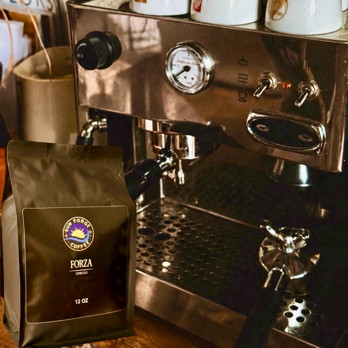 Forza Espresso at SunForge Coffee beside a home espresso machine.