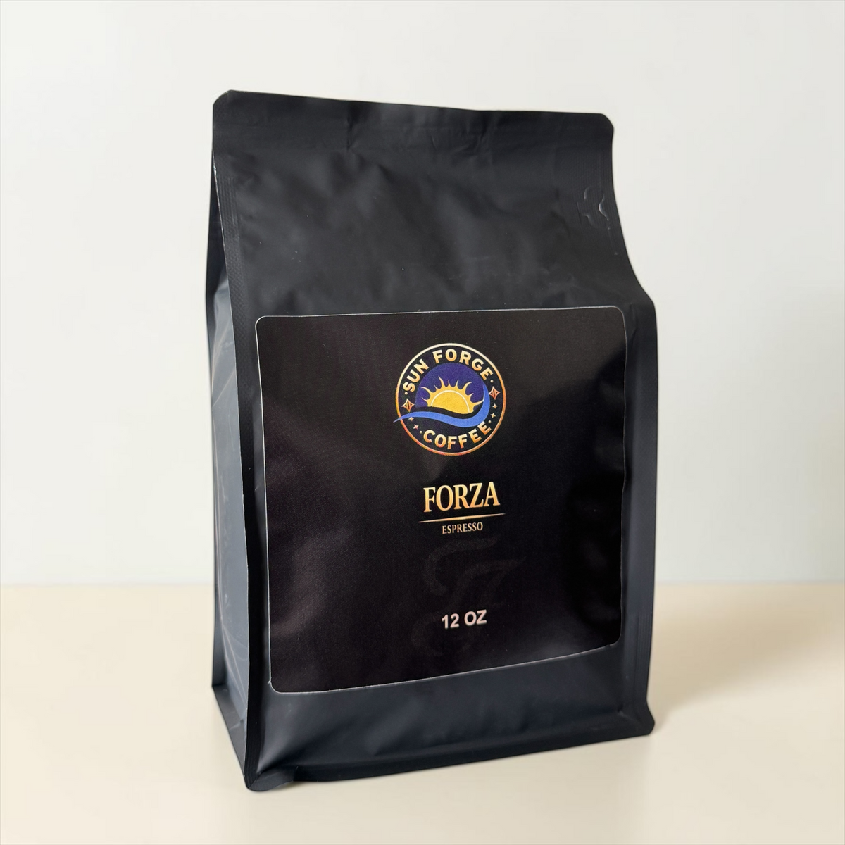 Forza Espresso at SunForge Coffee, whole bean coffee, 12 oz, side packaging view.
