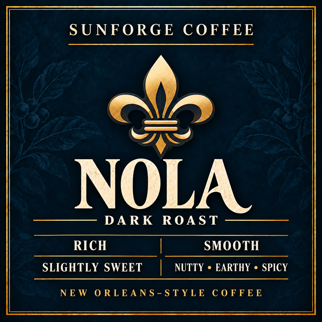 SunForge Coffee NOLA Blend flavor profile: dark roast, nutty, earthy, spicy.