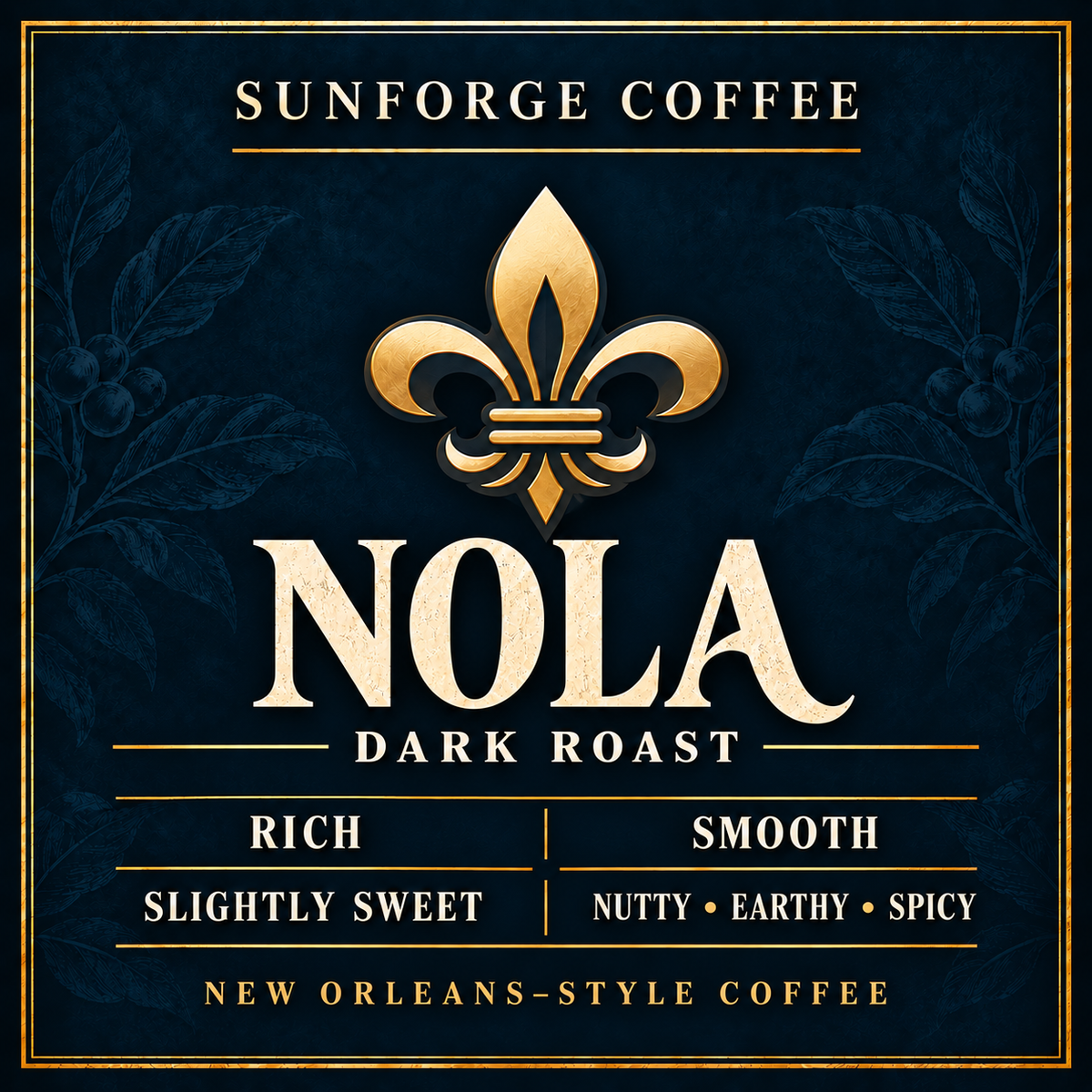 SunForge Coffee NOLA Blend flavor profile: dark roast, nutty, earthy, spicy.