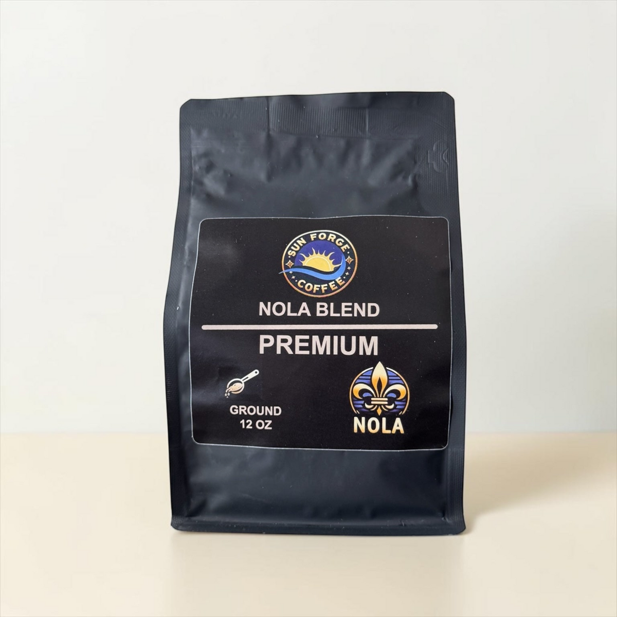 SunForge Coffee NOLA Blend 12 oz ground coffee bag, front view.