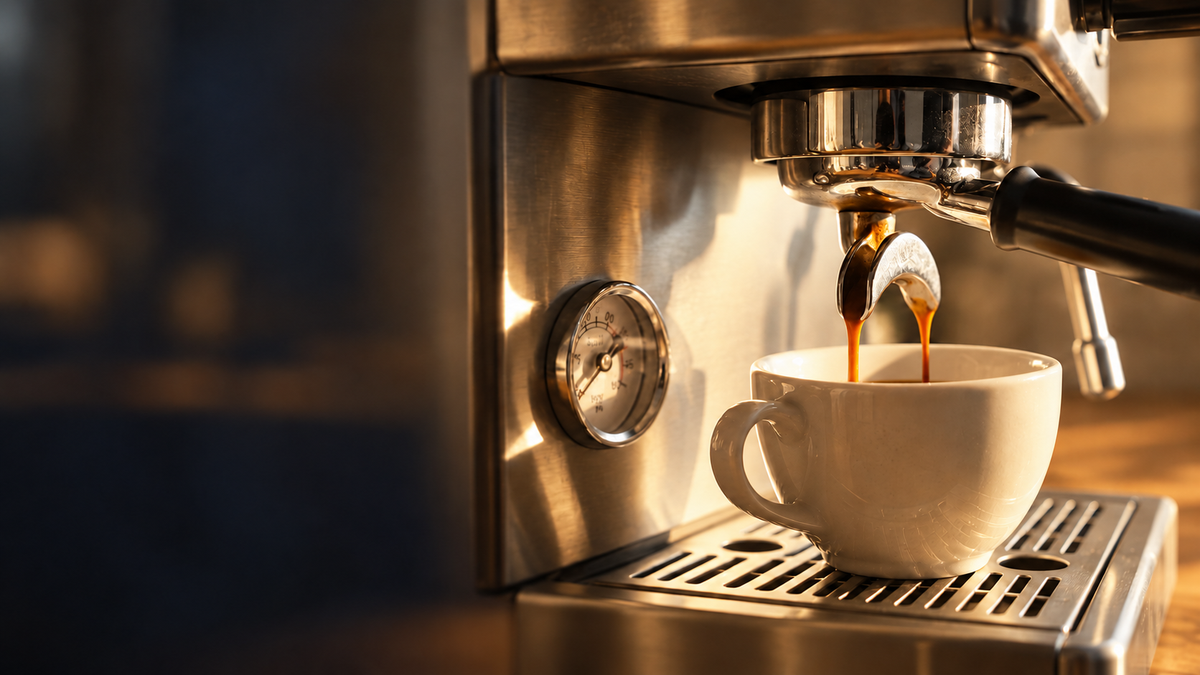 Espresso flowing into a ceramic cup in a sunlit kitchen
