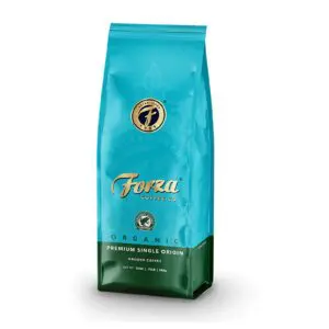 A bag of coffee is shown on the ground.