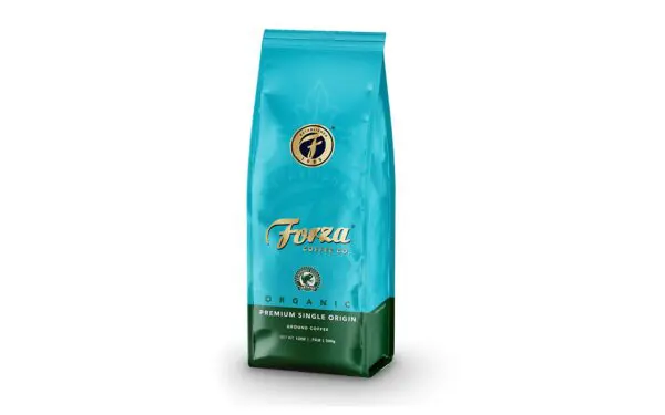 A bag of coffee is shown on the ground.