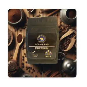 A coffee bag sitting on top of a wooden table.