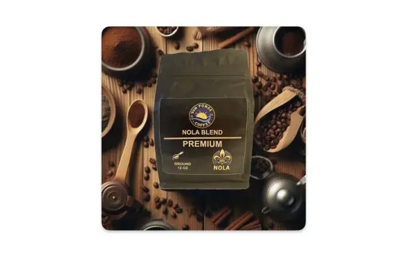 A coffee bag sitting on top of a wooden table.