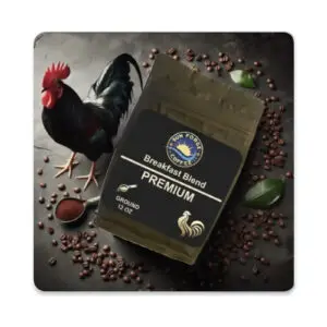 A black bag of coffee sitting on top of some beans.