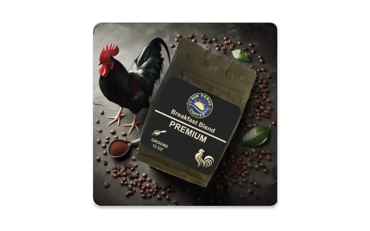A black bag of coffee sitting on top of some beans.