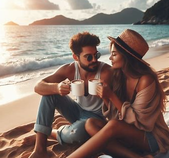 Picture1 A man and woman sitting on the beach drinking coffee.