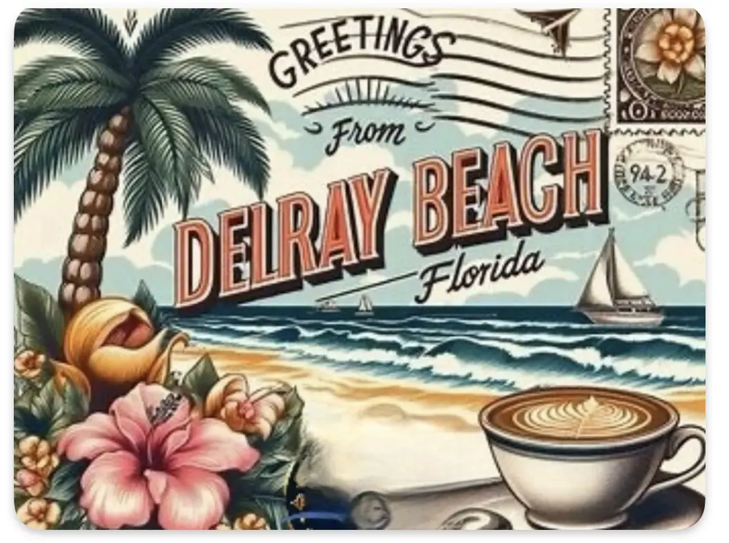 A painting of the beach with palm trees and flowers.