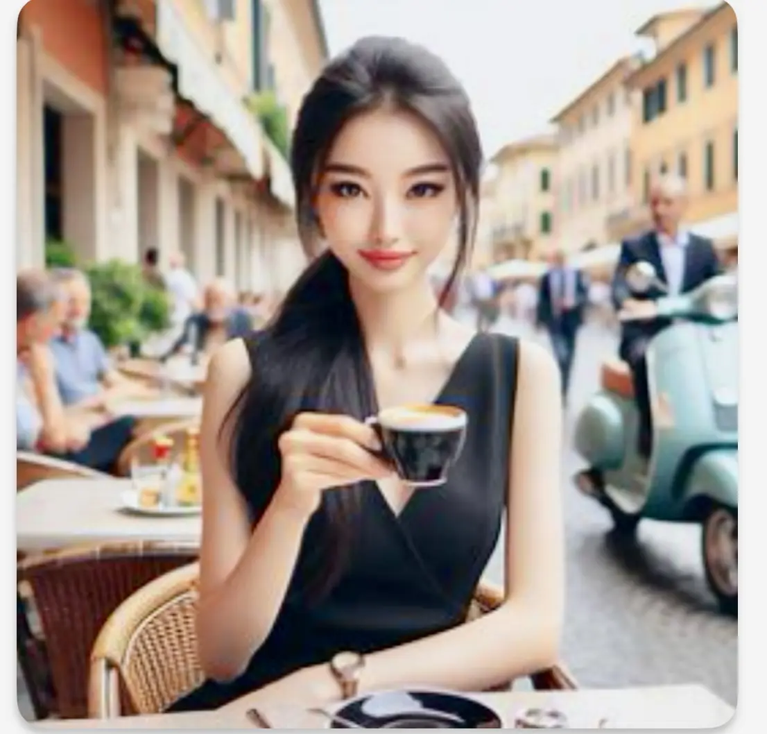 A woman sitting at an outdoor cafe drinking coffee.