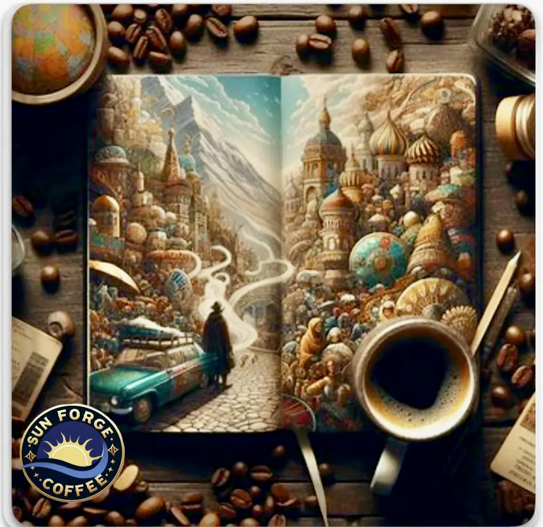 A coffee cup and some beans on the ground