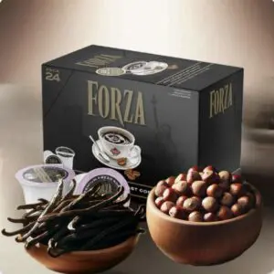 Forza coffee pods with vanilla beans and hazelnuts.